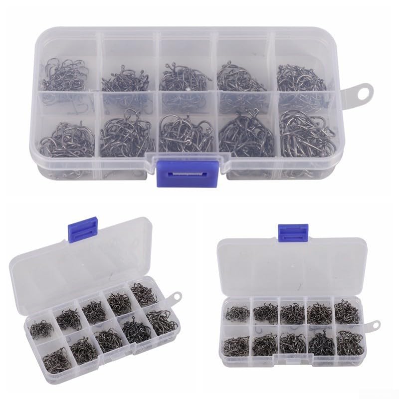 500 Pieces Fishing Hooks Assortment, 10 Sizes #3-#12 Carbon Steel Fishhooks with Storage Box, Black Tackle Kit for Saltwater and Freshwater Fishing
