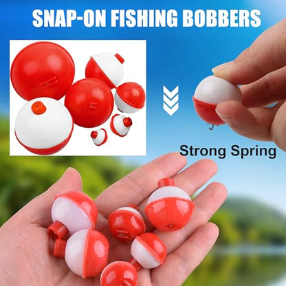 SILANON Fishing Bobbers Set Hard ABS Fishing Floats Bulk Snap on Round Bobbers for Fishing Push Button Fishing Bobbers Floats Assortment Red and White Buoy Floats 0.5-2.5inch - size: 1.5inch-25pcs