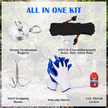 VNDUEEY 1000LBS Magnet Fishing Kit, 2.95" Double Hole Fishing Magnet Kit with Rope, Strong Magnets for Retrieving in River Lake Beach and Lawn, Includes 65Ft Rope, Carabiner, Gloves, Grappling Hook - size: 2.95" 1000LBS, style: Double Hole Kit
