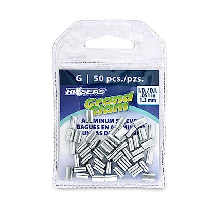 HI-SEAS Grand Slam Aluminum Fishing Line Crimp Sleeves - Retail Pack, Durable and Strong Crimps for Monofilament 40lb Test up to 600lb Test for Saltwater Fishing Leaders - style: 50 Pc/1.3 Mm Inside Diameter