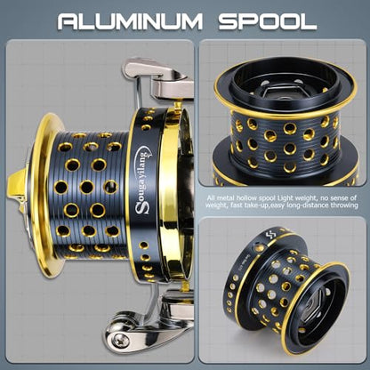 Sougayilang Spinning Reels 10000 Series Surf Fishing Reels, Ultra Smooth Powerful with CNC Aluminum Spool, Inshore & Offshore Saltwater Fishing - color: Golden- AFS10000