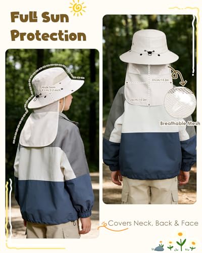 Century Star Kids Sun Hat with Detachable Neck Flap,UPF 50+ Windproof Waterproof Beach Bucket Hat Outdoor Fishing Safari - color: Beige