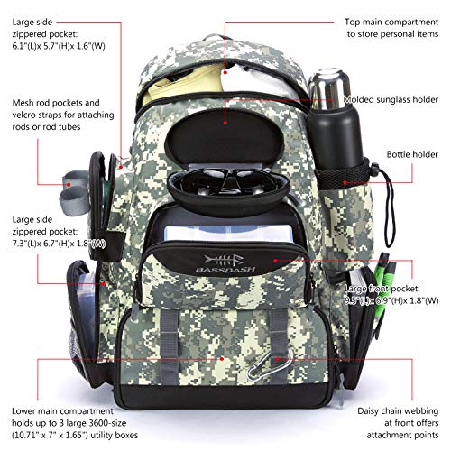 BASSDASH Fishing Tackle Backpack Water Resistant Tactical Bag Soft Tackle Box with Rod Holder and Protective Rain Cover - color: Jungle Camo Backpack [3600] Without Trays