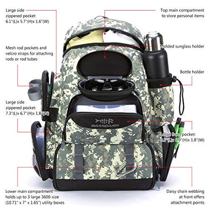 BASSDASH Fishing Tackle Backpack Water Resistant Tactical Bag Soft Tackle Box with Rod Holder and Protective Rain Cover - color: Jungle Camo Backpack [3600] With 3 Trays