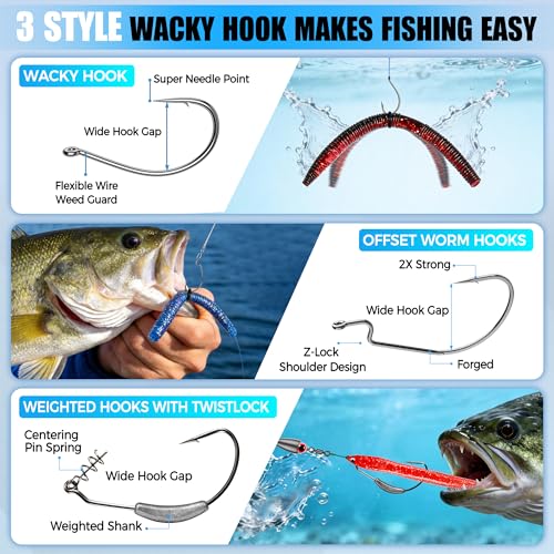 PLUSINNO Wacky Worm Fishing Lure Kit, Soft Plastic Fishing Lures, Grub Baits Hook Wacky Rig Bass Trout Fishing Worms Lures w/Tackle Box - color: 220PCS Wacky Worm Fishing Lure Kit
