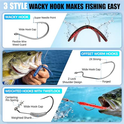 PLUSINNO Wacky Worm Fishing Lure Kit, Soft Plastic Fishing Lures, Grub Baits Hook Wacky Rig Bass Trout Fishing Worms Lures w/Tackle Box - color: 220PCS Wacky Worm Fishing Lure Kit