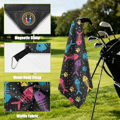 Colorful Fish Paw Black Pattern Magnetic Golf Towel for Golf Bags Microfiber Golf Essentials for Men Women with Carabiner Clip Attaches to Carts and Clubs, 17.7"x17.7"