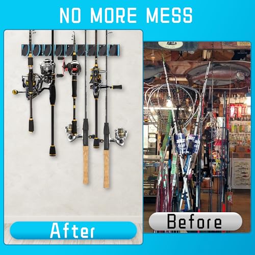 Fishing Rod Holder, Wall Mounted Fishing Pole Holder, Holds Up to 9 Rods and Combos, Fishing Rod Holders for Garage, Fits Most Rods of Diameter 3-19mm