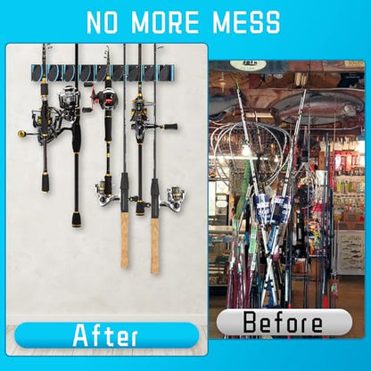 Fishing Rod Holder, Wall Mounted Fishing Pole Holder, Holds Up to 9 Rods and Combos, Fishing Rod Holders for Garage, Fits Most Rods of Diameter 3-19mm