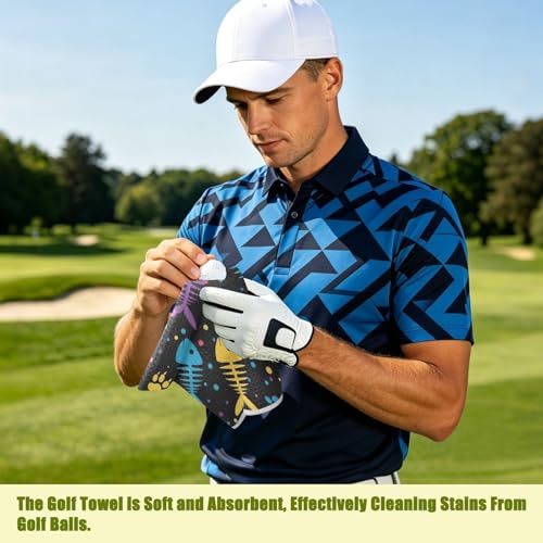 Colorful Fish Paw Black Pattern Magnetic Golf Towel for Golf Bags Microfiber Golf Essentials for Men Women with Carabiner Clip Attaches to Carts and Clubs, 17.7"x17.7"