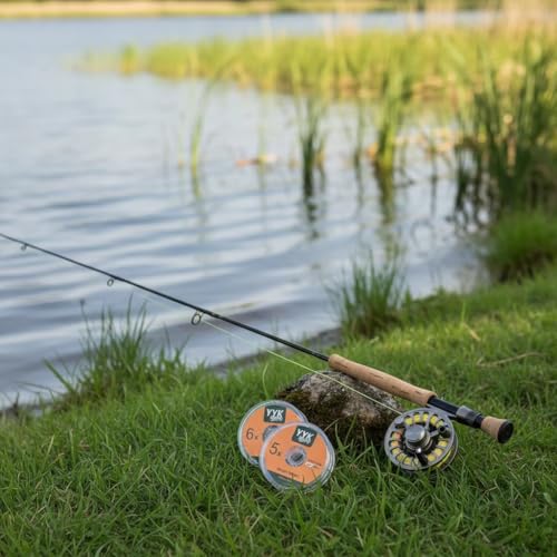 YYKBlueSky Fly Fishing Line Combo, 100ft WF5F Weight Forward Floating Fly Line, 55yds 20lbs Backing Line, 9ft Tapered Leaders 4X/5X/6X, 30m Nylon Tippet 4X/5X/6X Complete Kit