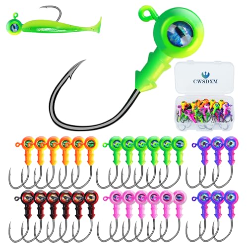 Round Jigs Heads for Fishing, 3D Eyes Ball Head Hooks with Stacked Cone Keeper, 1/8oz 1/5oz 1/4oz 3/8oz Crappie Jig Heads for Bass Fishing Trout Crappie Panfish Walleye - size: 1/5oz(5g)-30PCS