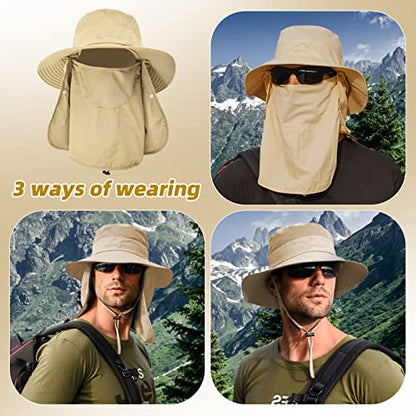 Fishing Hat for Men Sun Protection Hat with Removable Mesh Face Neck Flap Cover Windproof Strap for Men and Women - color: Khaki