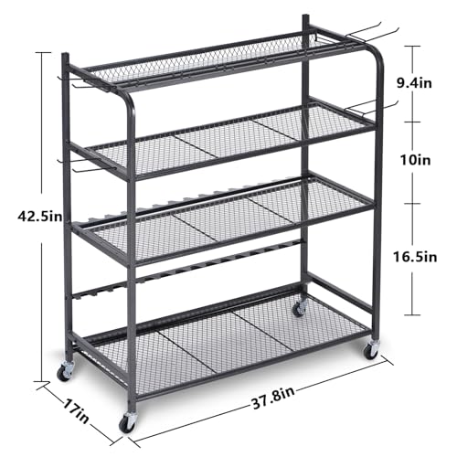 Fishing Rod Holder for Garage, Fishing Pole Holders for 15 Rods 38 * 17", Fishing Rod Rack Basement, Fishing Pole Rack Metal Black with Big Wheels, 4-Tier