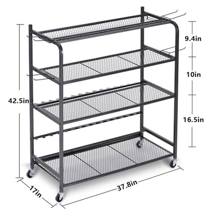 Fishing Rod Holder for Garage, Fishing Pole Holders for 15 Rods 38 * 17", Fishing Rod Rack Basement, Fishing Pole Rack Metal Black with Big Wheels, 4-Tier