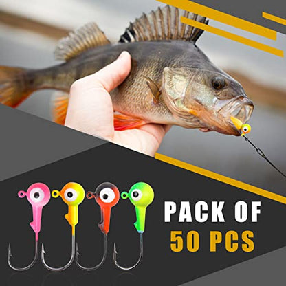 Fishing Jig Head Hooks Kit, Round Ball Crappie Jig Heads Lures Assorted Painted Fishing Lures Jig Heads for Walleye Bass Saltwater Freshwater Fishing 50/69/70pcs - style: 50pcs Kit