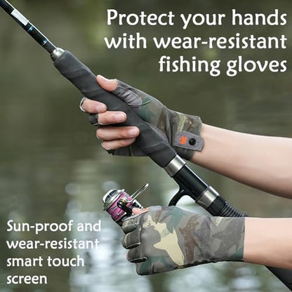 Fishing Gloves, UPF50+ Sun Gloves UV Protection Fingerless Glove Men Women, Unisex Fingerless Camo Hunting Gloves, for Fishing, Kayaking, Rowing, Paddling, Canoeing, Hunting
