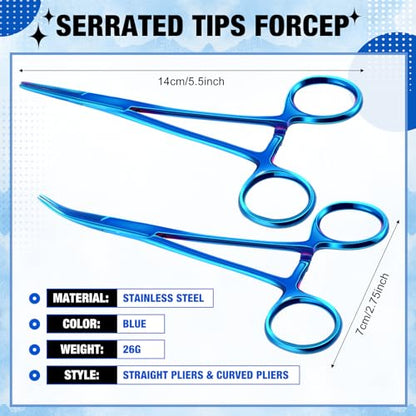 BBTO Hemostat Curved and Straight Hemostat Forceps Piercing Pliers Forceps, Stainless Steel Straight and Curved Pliers, Fishing Tweezer(Blue,2 Pcs) - color: Blue