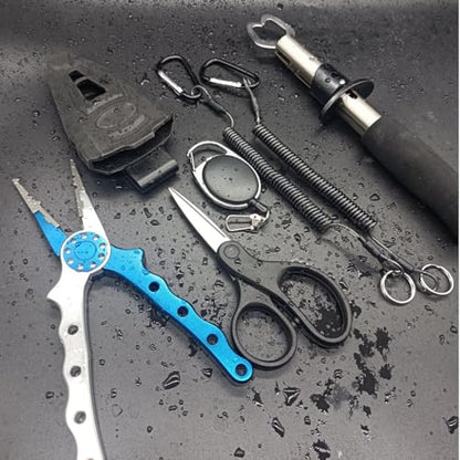 Fishing Pliers,Saltwater Resistant Fishing Gear,Fly Fishing Tools Set,Hook Remover Split Ring,Ice Fishing Gifts for Men - color: Silver Blue Tool Set