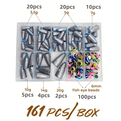161Pcs/Box Worm Fishing Sinker Weights Kit with Soft Plastic Core（20g,14g,10g,7g,5g,3.5g Mixed, 61Pcs Bullet Lead Fishing Weights, 100 Pcs Eye Beads Bait, Don't Hurt Line Texas Rig
