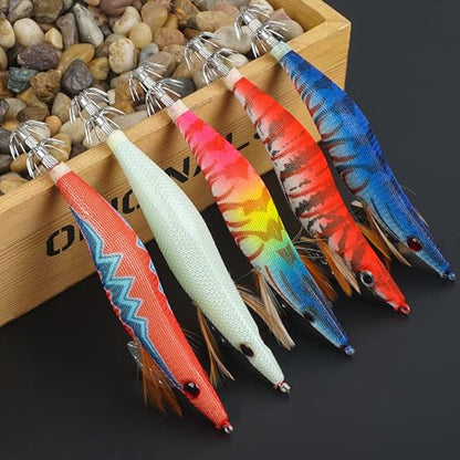 Glow Squid Jig Saltwater Squid Lures, 5/10pcs Luminous Squid Jig Hooks Shrimp Prawn Lures Fluorescent Cuttlefish Sleeve Octopus Jigs Artificial Baits Night Fishing Tackle Size 2.5# 3# 3.5# - size: 2.5#-5pcs