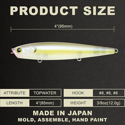 LUCKY CRAFT Gunfish 95 3 Hook Freshwater Fishing Lures and Bait for Bass Fish, Topwater Fish Line, Surface Bait with Treble Hooks, Fishing Gear for Tackle Box - color: 250 Chartreuse Shad