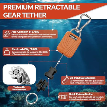 nitescuba Scuba Gear Retractable Gear Tethers, Heavy-Duty Dive Clip Lanyard with 316 Stainless Steel Snap Hook, Split Ring and 58cm (22.83″) Quick-Release Extension Cord for Dive Light & Camera-orange