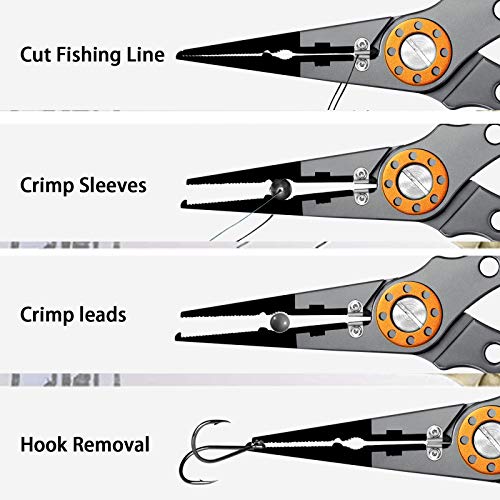 SANLIKE Aluminum Fishing Pliers Hook Remover Tungsten Carbide Braid Cutters | Tungsten Carbide Cutters Saltwater Resistant with Coiled Lanyard & Sheath - color: Gray