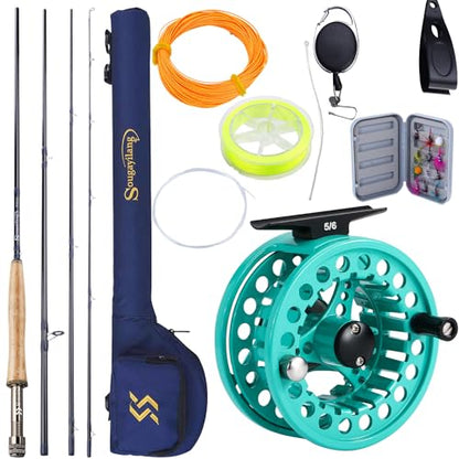 Sougayilang 5/6 Weight 9ft Fly Rod, 4-Piece Graphite Rod, Die Cast Aluminum Reel, Carrying Case, Fly Box & Fishing Flies Combo Starter Kit - color: Fly Fishing Combo #5-Turquoisee