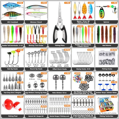 PLUSINNO Fishing Lures Tackle Box Gear Kit with Tackle Included, 373 PCS | Waterproof, Compact & Customizable, for Bass Trout, Freshwater Topwater, 16 Rigs, Fishing Gifts for Men Starter - color: Orange 373 PCS Lures Box
