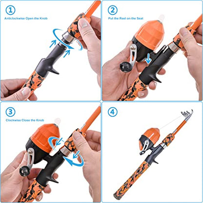 LEOFISHING Kids Fishing Pole Set with Full Starter Kits Portable Telescopic Fishing Rod and Spincast Reel with a Fishing Net and Bucket for Boys Girls and Youth - color: Orange