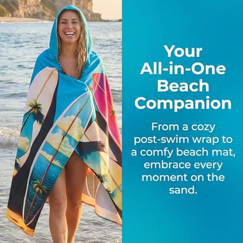 Catalonia Hooded Towel for Adults, Quick-Dry Beach Poncho with Hood, Sand-Free Summer Gift - color: Surfboard