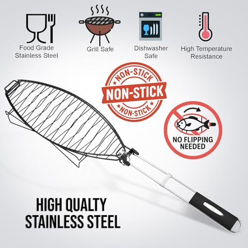 Fish Grilling Basket for Grill - Stainless Steel Basket, Non-Stick Fish Rack for Grilling with Adjustable Lock Removable Handle, Ideal for BBQ, Camping, Charcoal and Gas Grills
