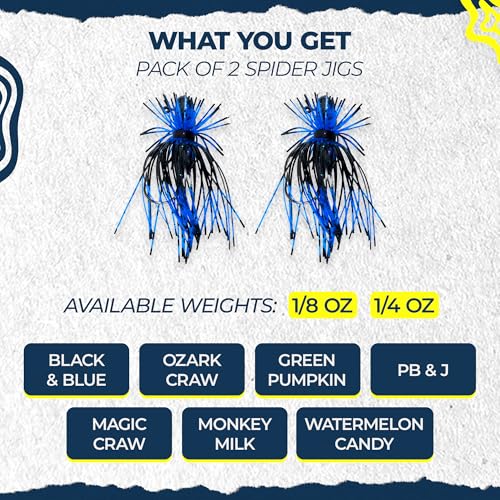 Spider Jigs, Multi Variants - Finesse Style Fishing Lures with Ultra Point 2/0 Hook & Buzz Cut Silicone Skirt