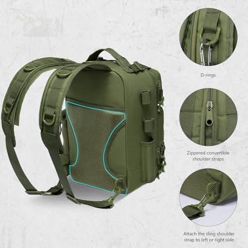 BASSDASH Convertible Fishing Backpack Sling Bag with Rod Holder, Adjustable Tactical Water-Resistant Tackle Storage Pack FP07 - color: Army Green, size: Large