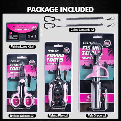 Goture Fishing Tool Kit,Fishing Pliers,Fillet Knife with Sheath,Fish Lip Gripper,Fish Hook Remover,Lanyard,Line Scissors,Sharpener,Stainless Steel Soap,Saltwater Gear Kit,Red/Pink,Gifts for Men/Women - color: B1:6pcs Pink Fishing Tool Kit