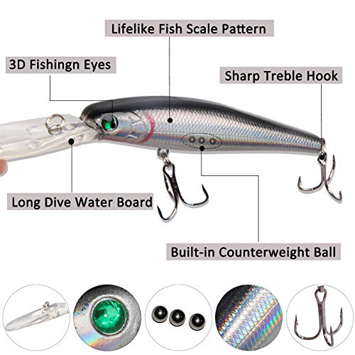 Fishing Lures Kit 10pcs Hard Bait Minnow Deep Diving Swimbait Life-Like Walleye Lures for Bass Trout Pike Freshwater Saltwater Fishing Bait