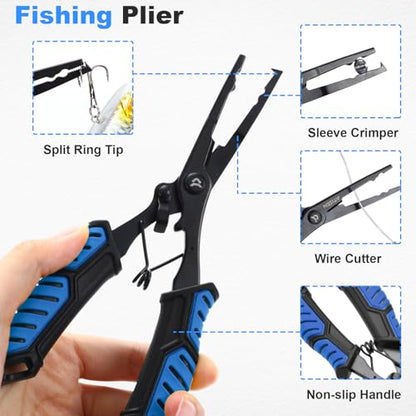 RoundFunny Fish Lip Gripper Pliers, Combo Fishing Tool Kit Stainless Steel Multifunction Hook Remover, Split Ring Pliers with Lanyards Sheath for Fly, Easter Fishing Basket Gift Gear Men Women - color: Blue