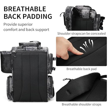 Rabjen Fishing Tackle Backpack with Rod Holders, Bottle Holder, Storage Bag Store Fishing Gear