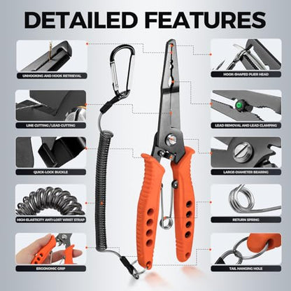 Fishing Pliers for Saltwater and Freshwater - Premium Stainless Steel Split Ring & Hook Remover with Wire Cutter, Non-Slip Handle, Spring Loaded- Must Have Bass/Boat/Kayak Fishing Gear (Black) - color: Black