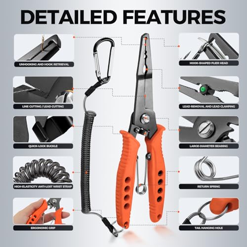 Fishing Pliers for Saltwater and Freshwater - Premium Stainless Steel Split Ring & Hook Remover with Wire Cutter, Non-Slip Handle, Spring Loaded- Must Have Bass/Boat/Kayak Fishing Gear (Orange) - color: Orange