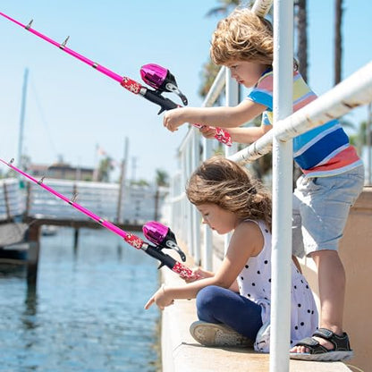 WIDDEN Kids Fishing Pole, Portable Telescopic Kids Fishing Poles for Boys and Girls, Fishing Rod and Reel Combo Kit with Tackle Box, and Fishing Net, Best Fishing Pole for Toddler Youth - color: Pink+Pink