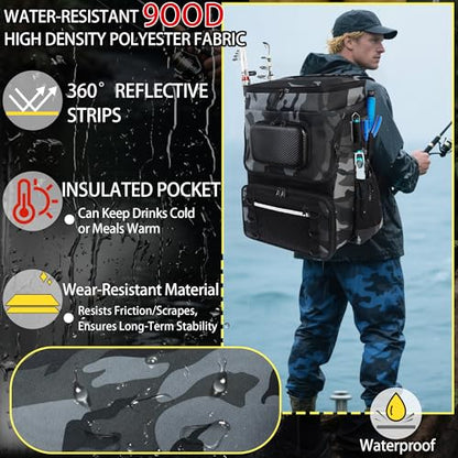Fishing Backpack with Rod Holder, Large 50L Tackle Bag Water Resistant Tackle Backpack Heavy Duty Fishing Bag Gift for Men Woman - color: Camo Gray with 4 Tackle Boxes
