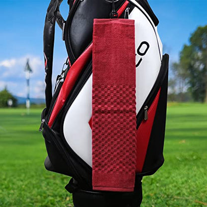 Cotton Golf Towel with Clip - Tri-fold Golf Towel for Men & Women, Checkered Pattern Design (Red) - color: Red
