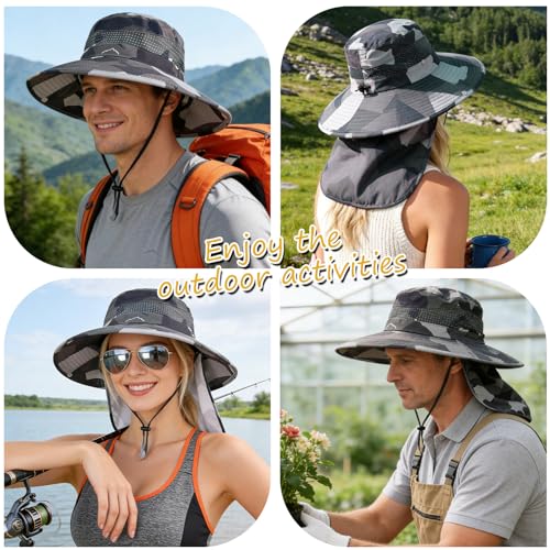Sun Hats for Men Women, UPF50+ Protection Safari Hat,Wide Brim Fishing Hat with Neck Flap,Bucket Hats for Beach Hiking - color: Camodgrey