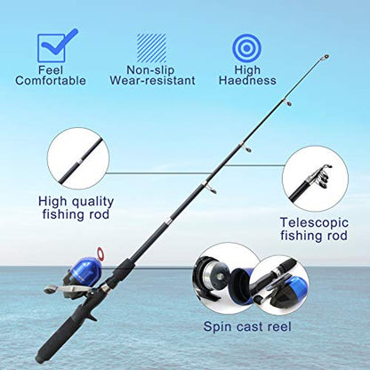 Kids Fishing Pole Spincast Youth Fishing Pole Tackle Box - with Net,Travel Bag,Rod and Reel Kit for Boys and Girls, Youth or Beginner’s - color: Black