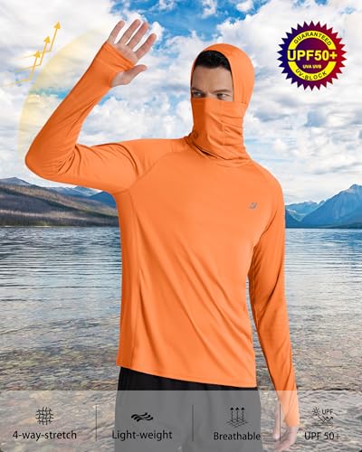 Roadbox UPF 50+ Men's Hooded Fishing Shirts, Long Sleeve UV Sun Protection Hoodie Hiking Running Swim Rash Guard with Mask - color: Orange, size: Small