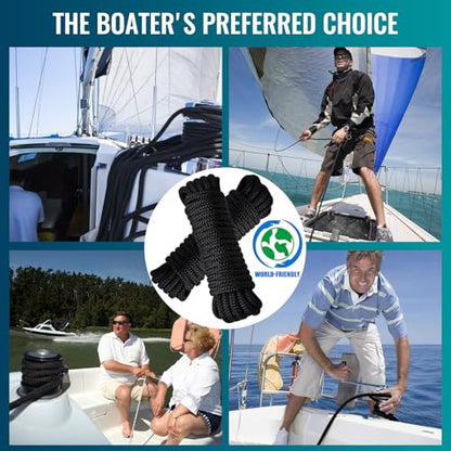 2 Pack 3/8" x 20' Boat Dock Lines for Boat & Pontoon, Premium Marine- Grade Double Braided Nylon Boat Lines, Pre-Spliced with a 12" Eyelet-Black,High Strength,Easy Handling,Boating Gifts for Men. - size: 3/8" x 20' (Pack of 2)