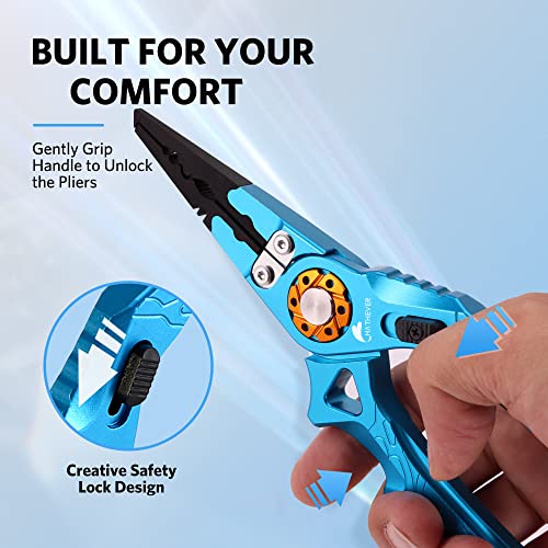 Saltwater Fishing Pliers, Split Ring Pliers for Fishing with Safety Lock, Fish Pliers with Sheath and Lanyard, Fishing Gifts for Men - color: A-blue