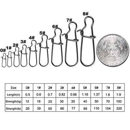 100 Pack Duo Lock Snaps Size 0-8 Black Nice Snap Swivel Solid Rings Stainless Steel Fishing Tackle Kit - Test: 26LB-220LB - size: 8#-220LB-100PCS